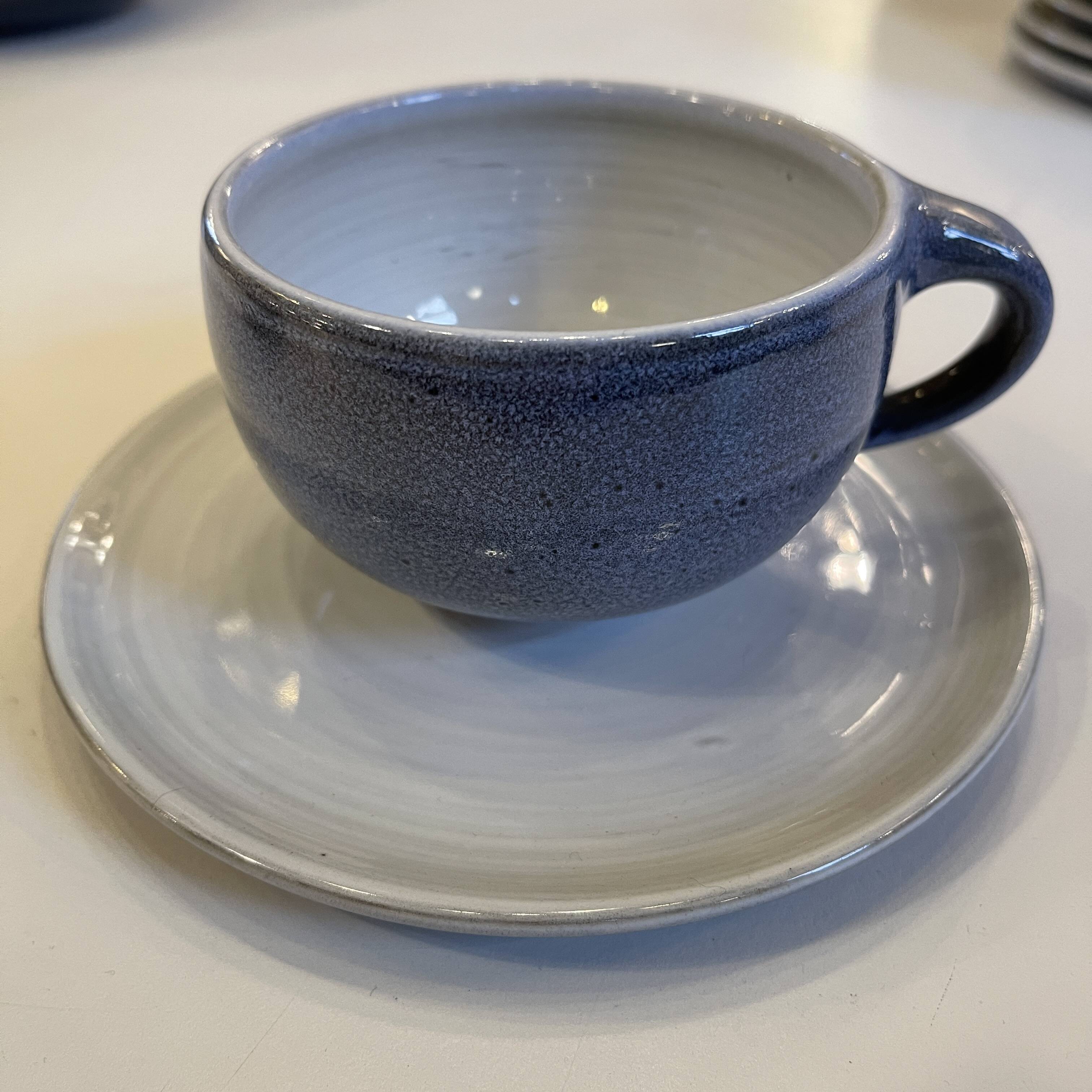 complete blue coffee service in enameled ceramic, Bernard Thiran, ca 1970