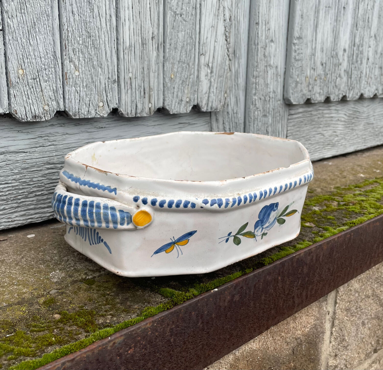 Rouen earthenware planter/cooler with flowers and foliage, 18th century