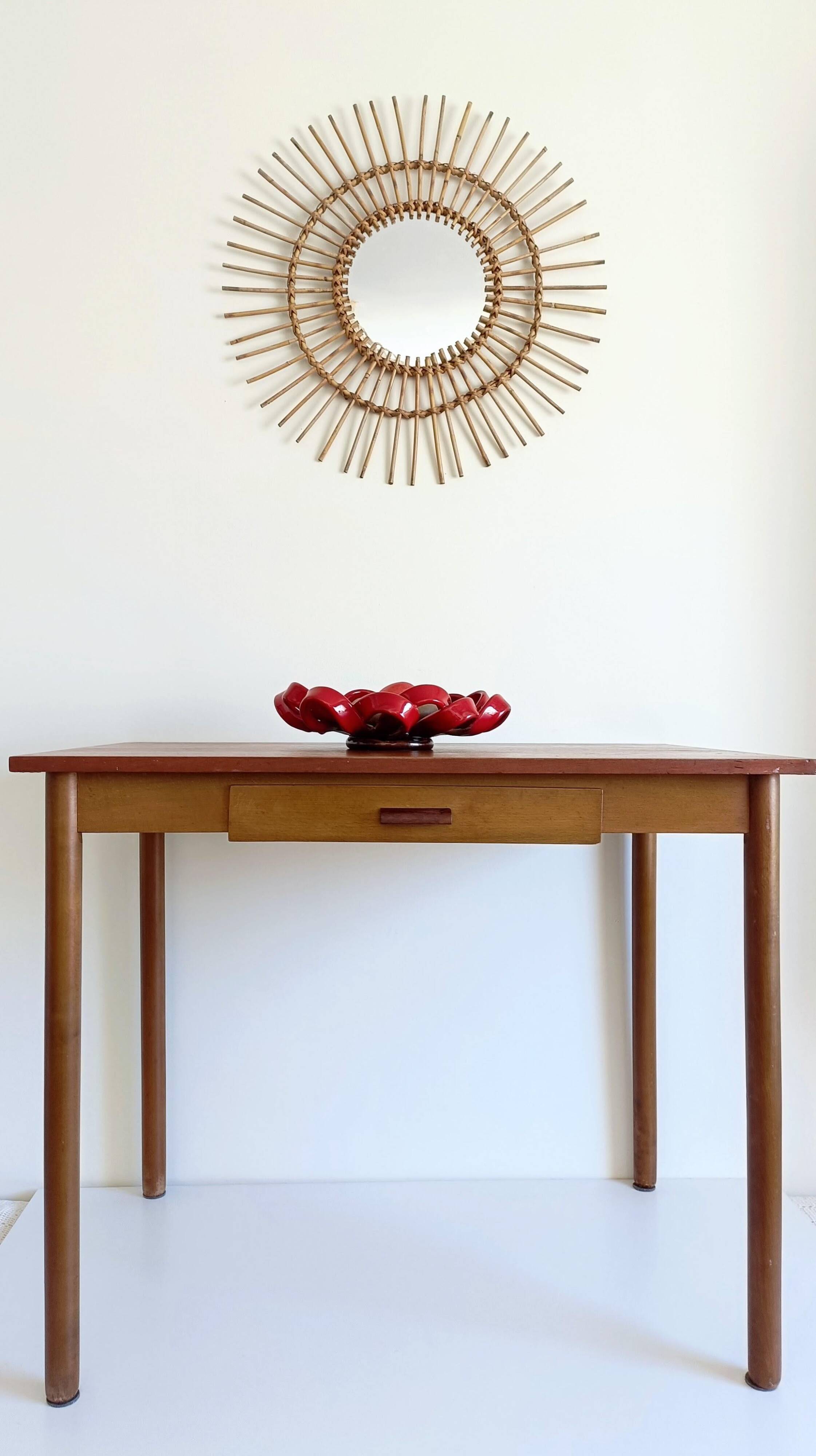 Mid Century Organic Modern Bamboo & Rattan Sunburst Patinated Mirror, 1960s