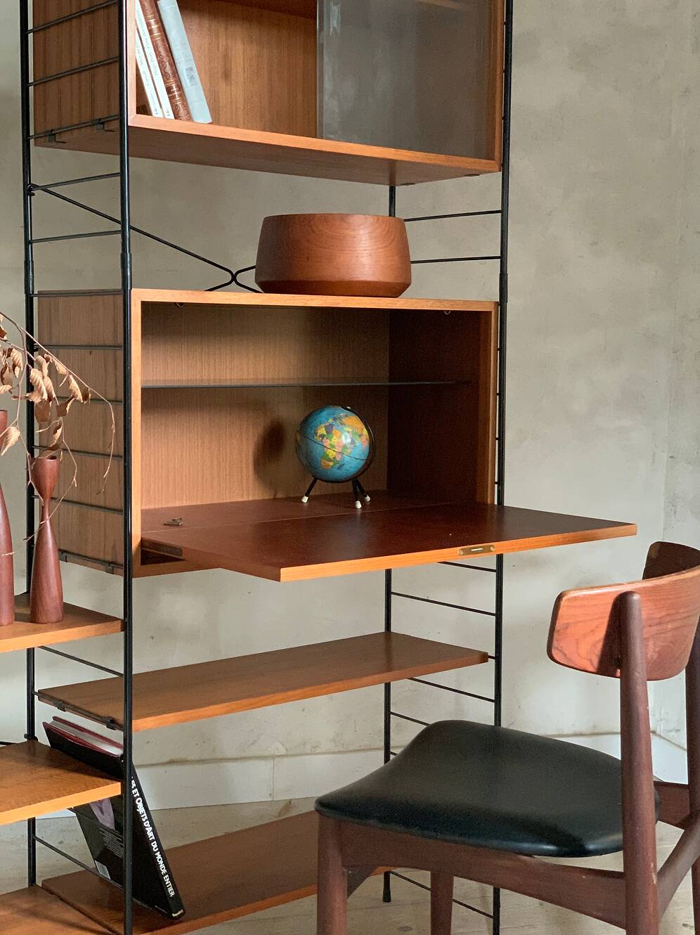 Vintage Scandinavian wire-framed metal and teak secretary bookcase set