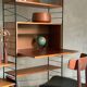 Vintage Scandinavian wire-framed metal and teak secretary bookcase set