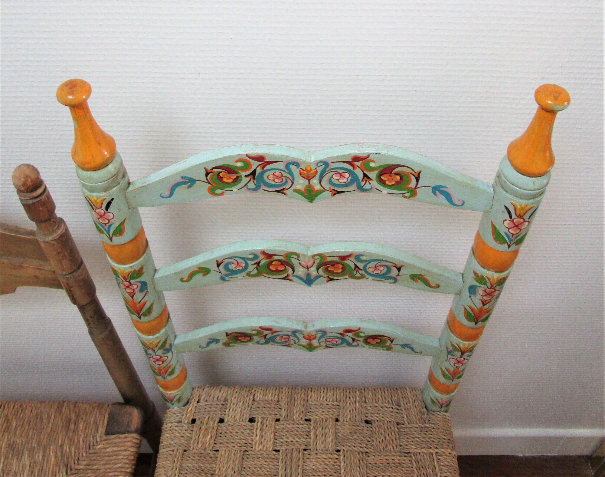 Two chairs patinated polka dots and painted wood folk art seat vintage straw