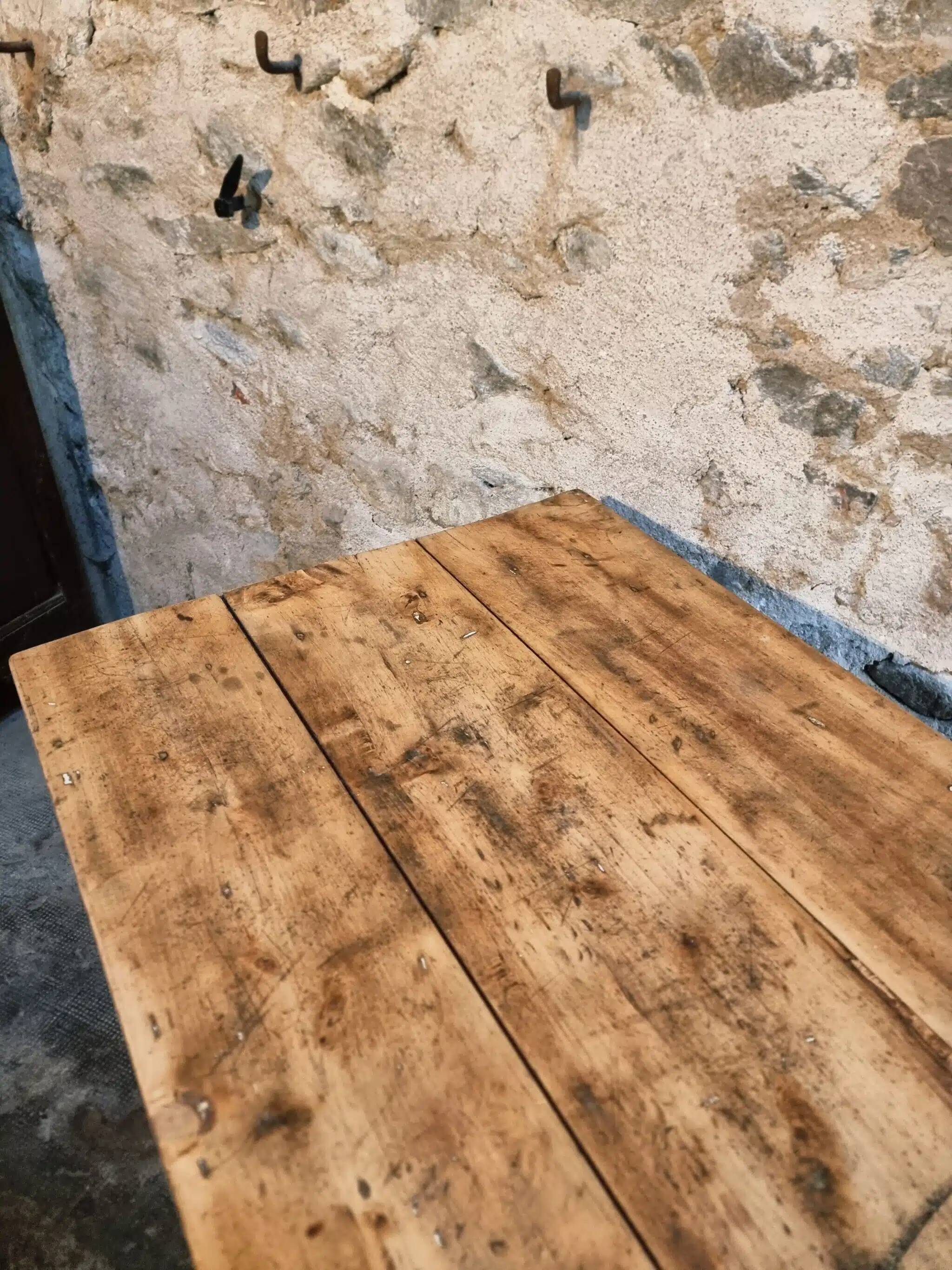 Antique French country dining table – Oak base and pine top, circa 1900