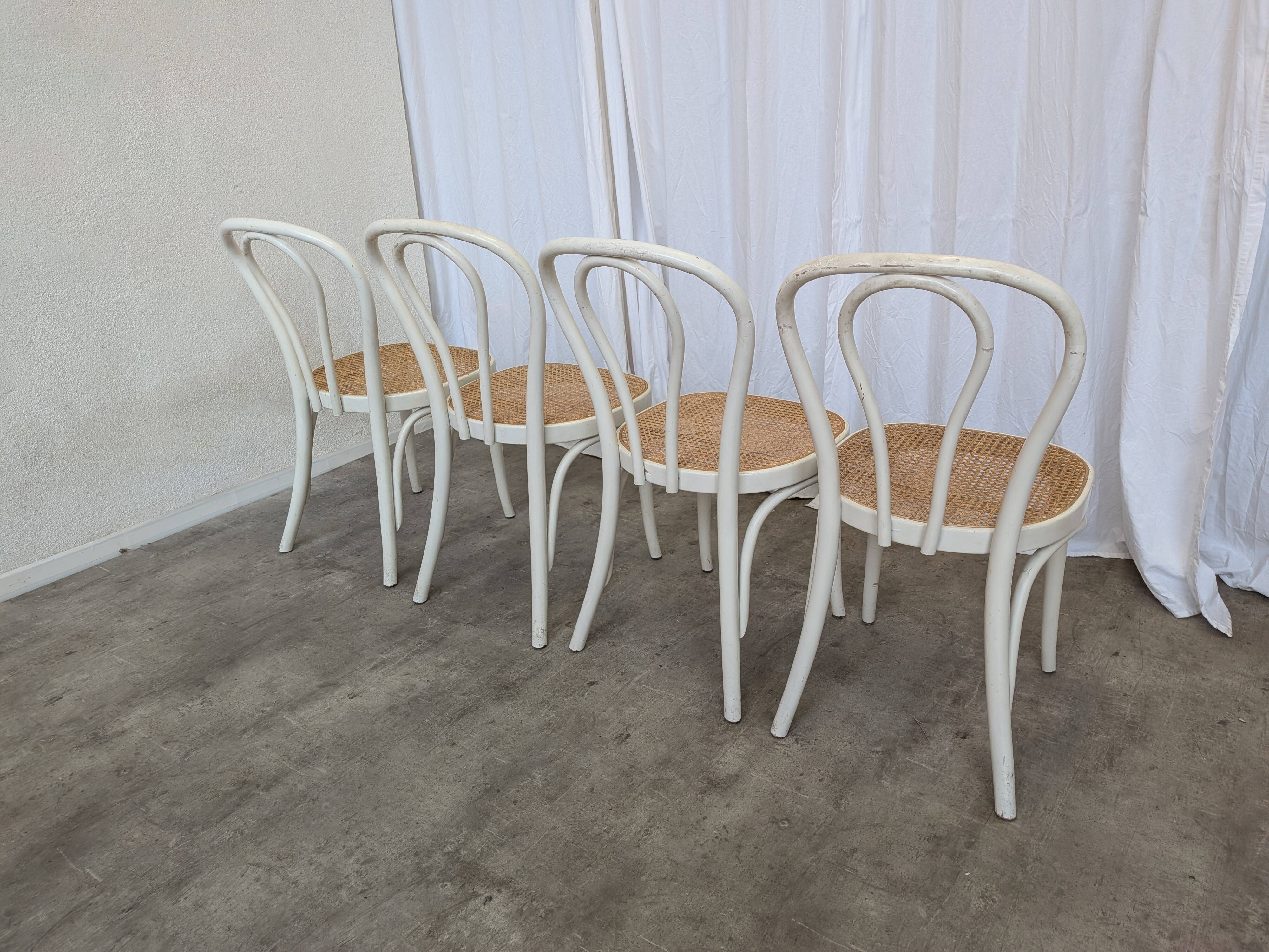 Set of 4 Vintage Thonet Style Dining Chairs: White Wood & Cane Seat