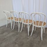 Set of 4 Vintage Thonet Style Dining Chairs: White Wood & Cane Seat