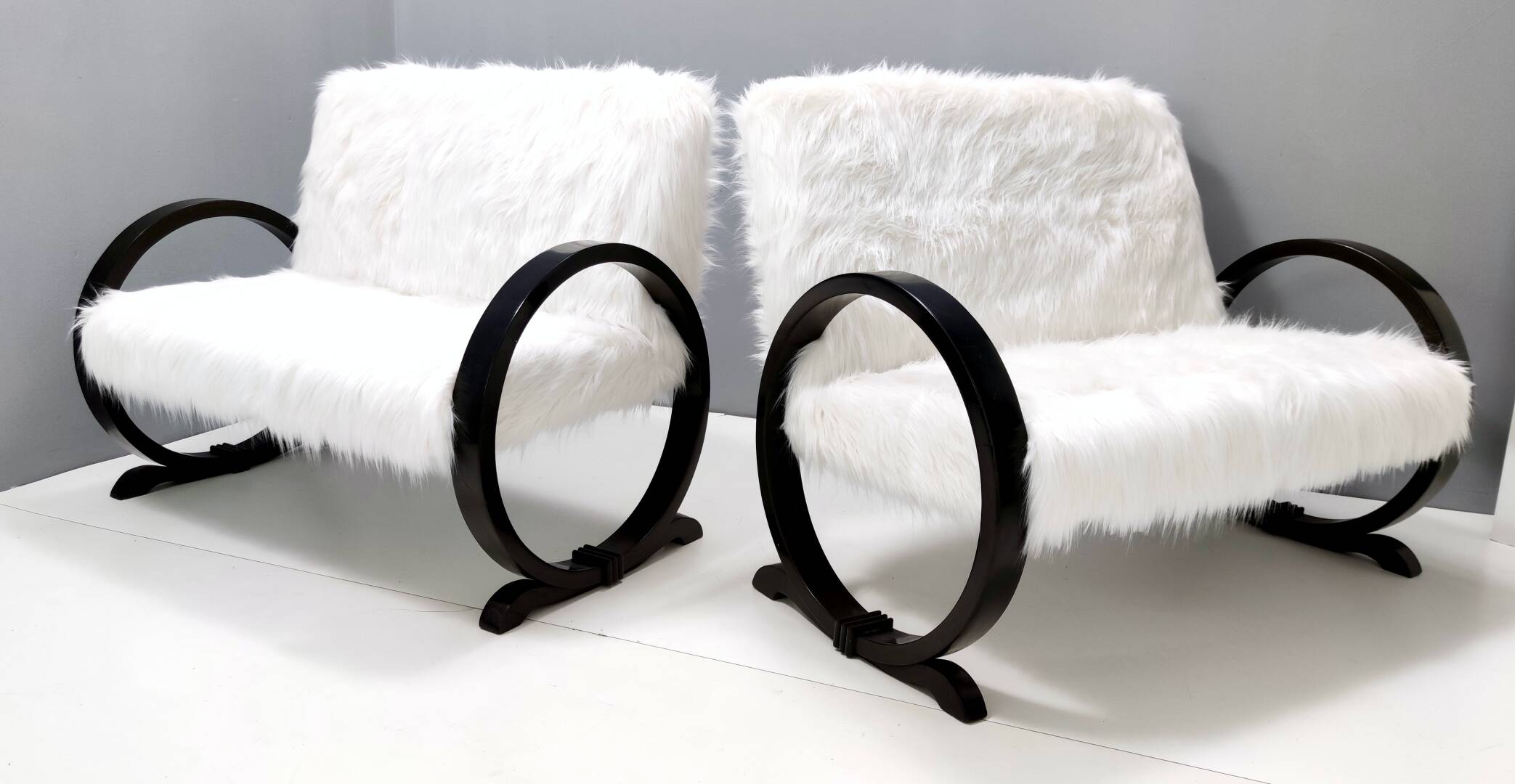 Vintage White Faux Fur Sofa with Black Wooden Frame, Italy