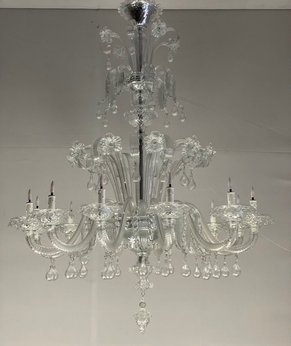 Venetian chandelier in colorless Murano glass, 12 arms of light