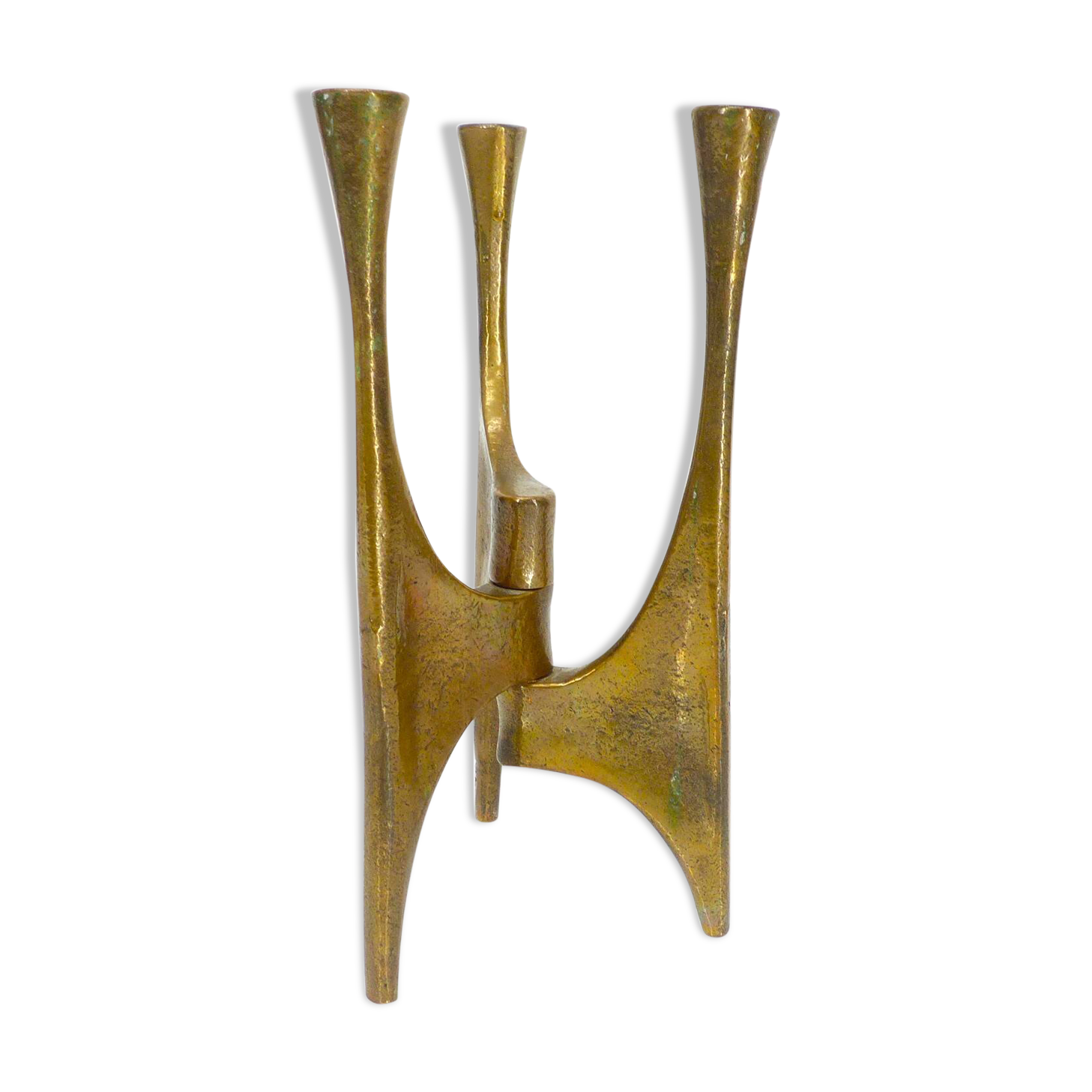 Brutalist tripod chandelier in bronze, Michael Harjes, Germany, 1960.