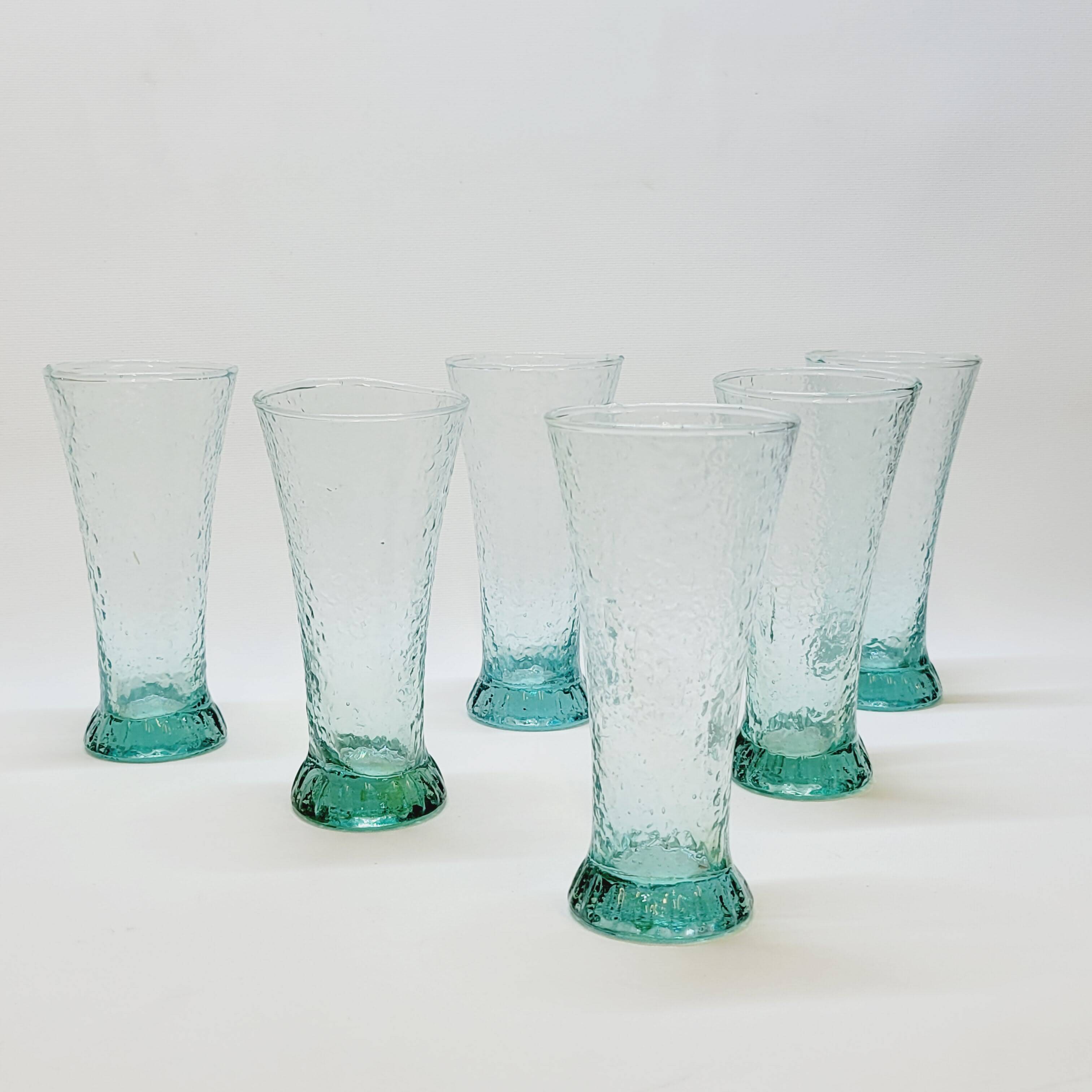 6 flared glasses in textured bubble blown blue glass pastis / orangeade / water