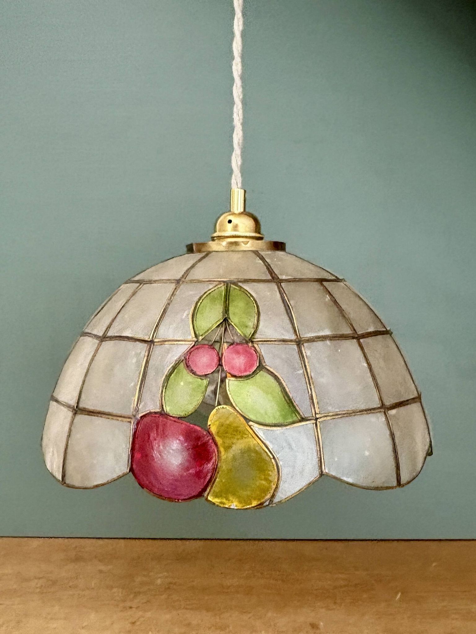 Vintage mother-of-pearl and brass pendant lampshade with fruit decorations