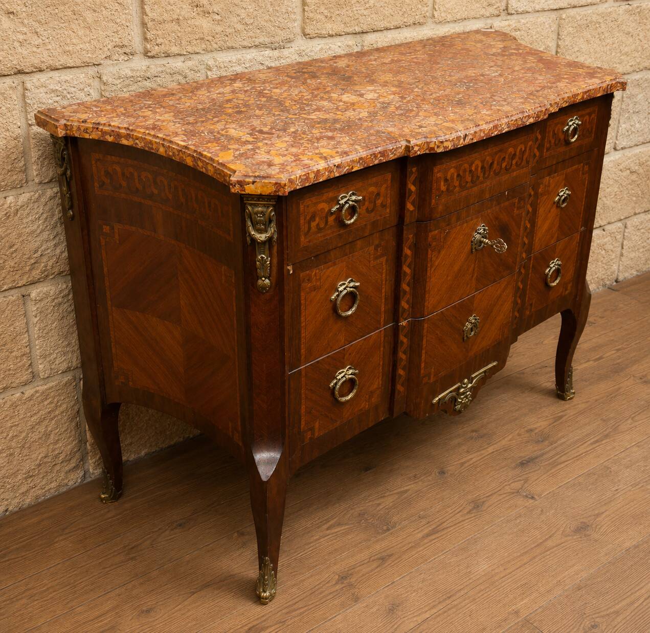Curved marquetry commode – Marble top – Transitional style
