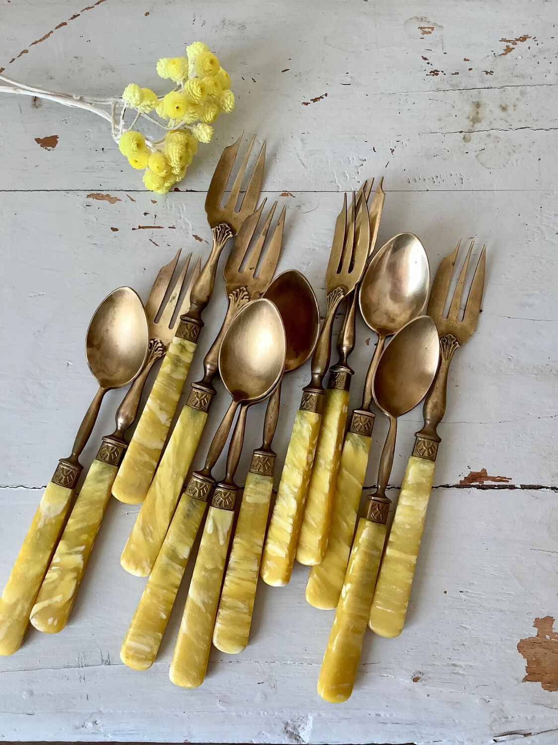 Brass and bakelite dessert cutlery