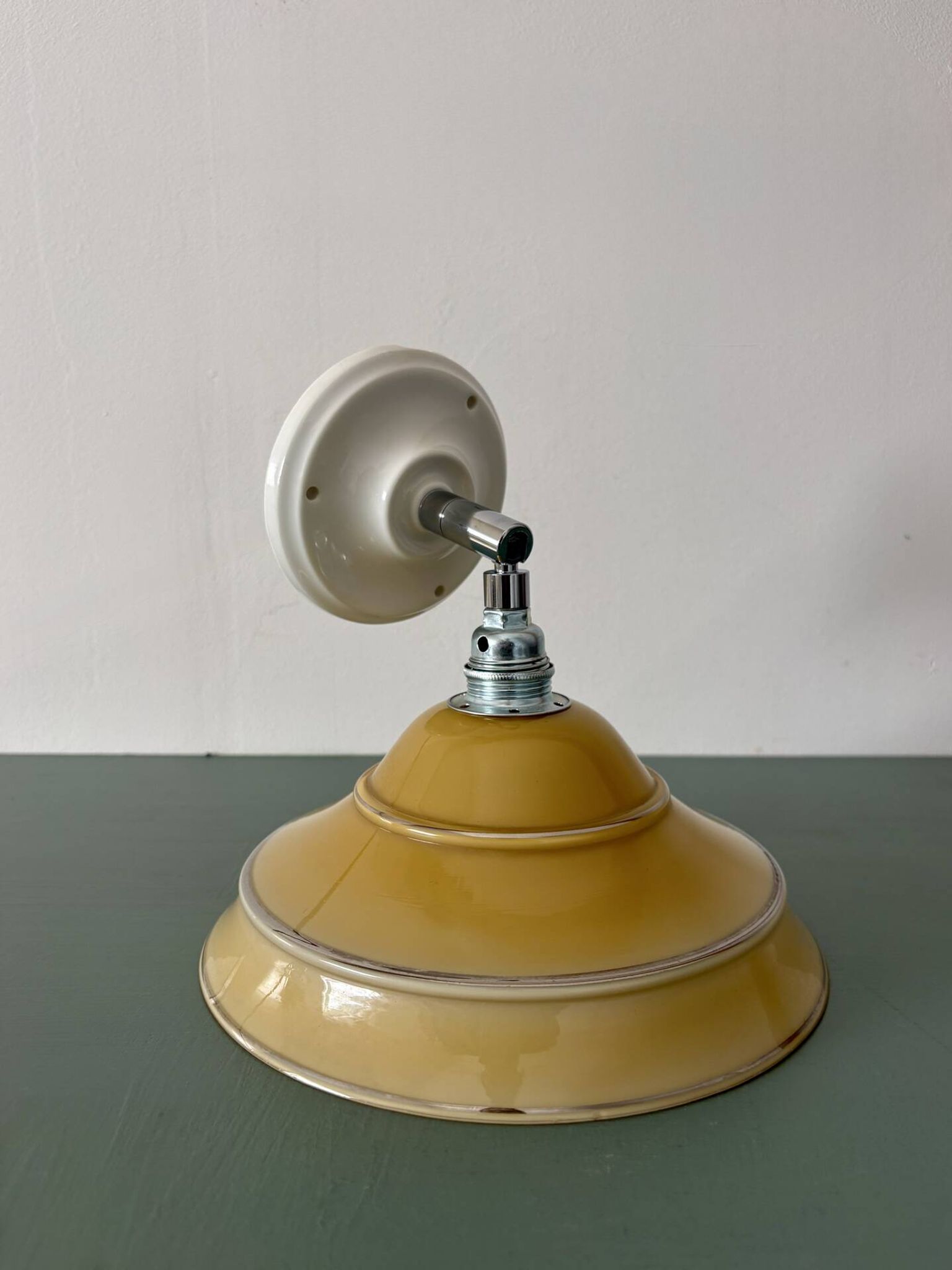 Vintage lampshade in yellow opaline with silver trim.