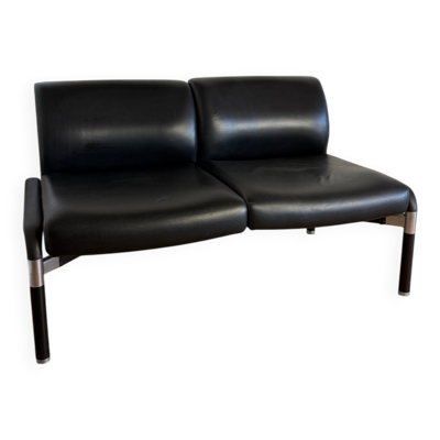 Banquette vintage 2 places en Skaï noir – années 1980