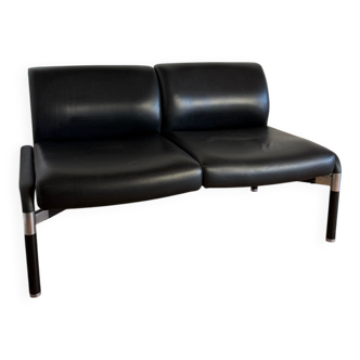 Vintage 2-seater banquette in black faux leather – 1980s