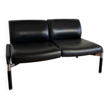 Banquette vintage 2 places en Skaï noir – années 1980