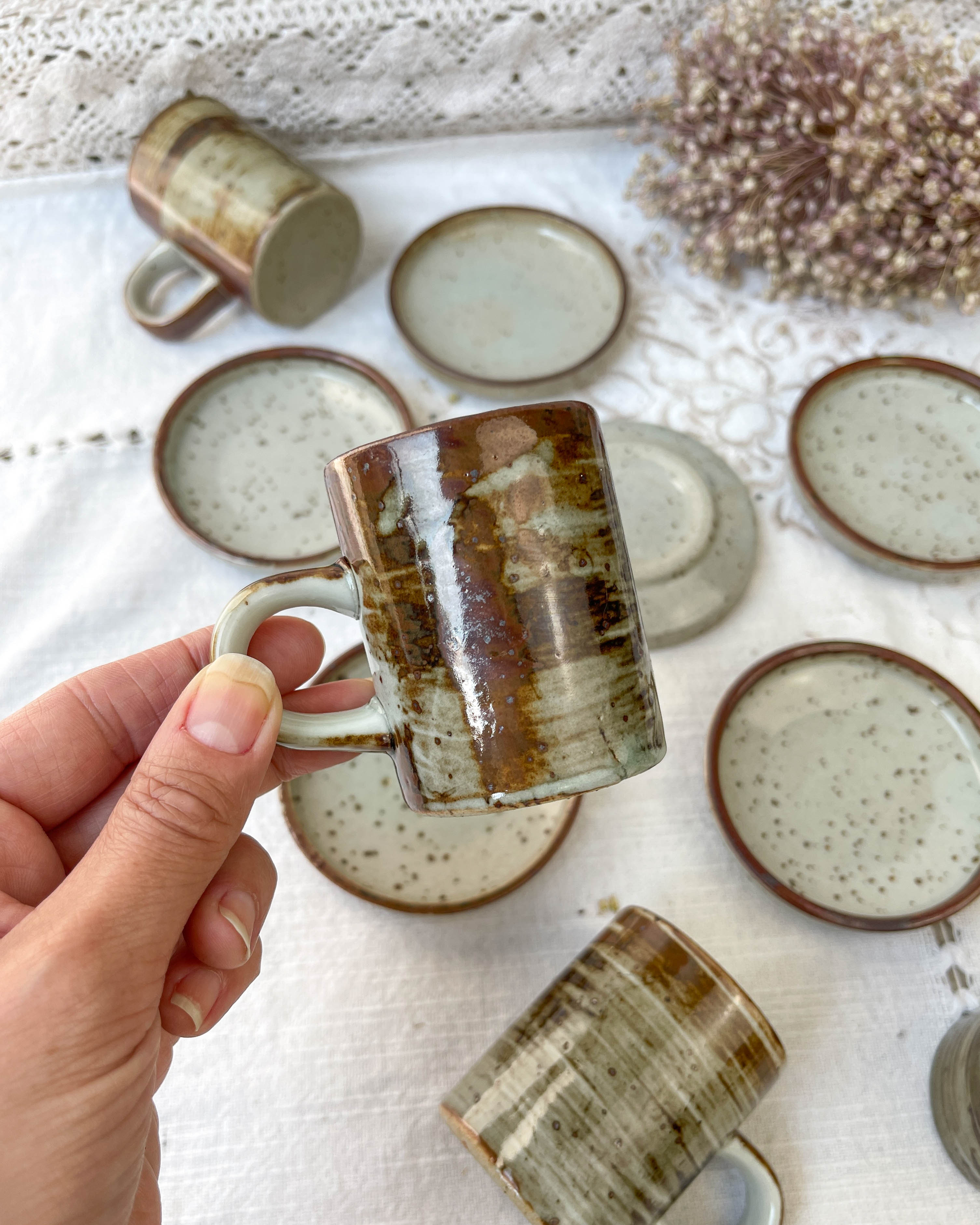 6 cups and under cups in vintage enamelled stoneware