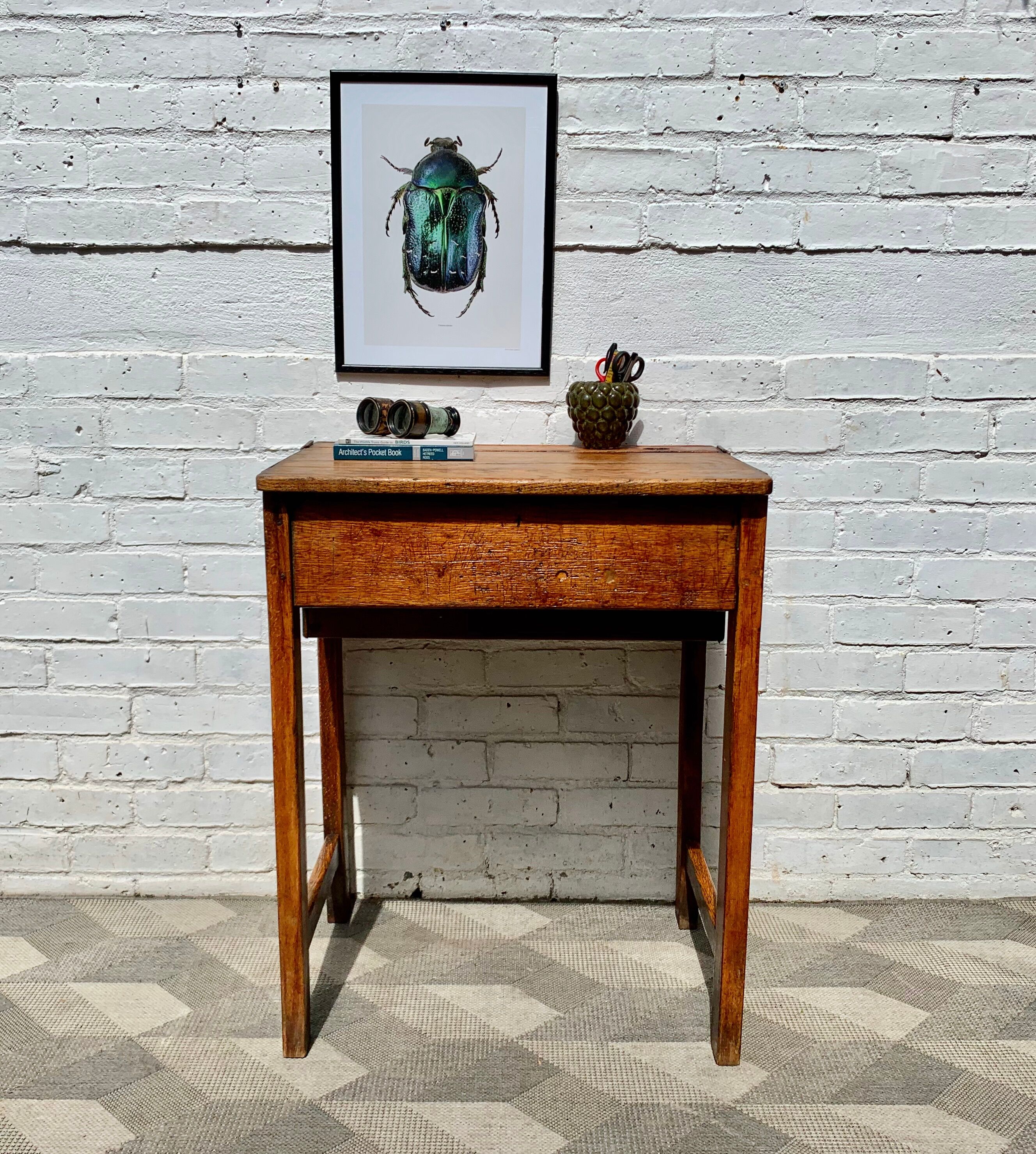 Vintage Wooden School Desk with Storage #D381