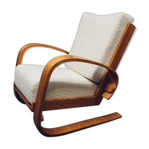 fauteuil tank en hêtre et tissu bouclettes, design miroslav Navratil, Art-déco Tchèque 1950