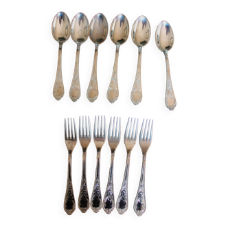 A set of 6 forks + 6 spoons silver metal foliage