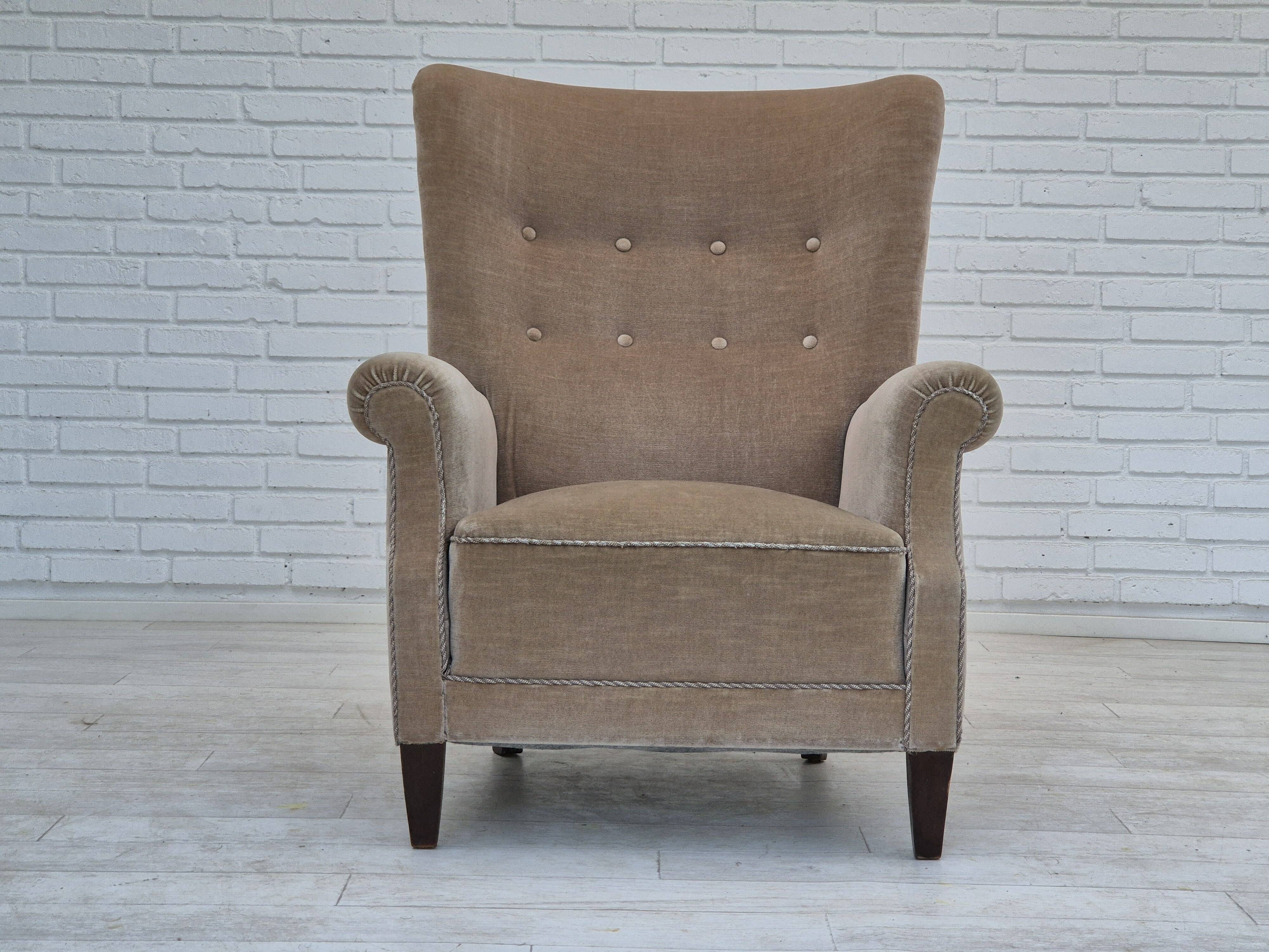 1970s, Danish highback armchair, original condition, furniture velour, bech wood.