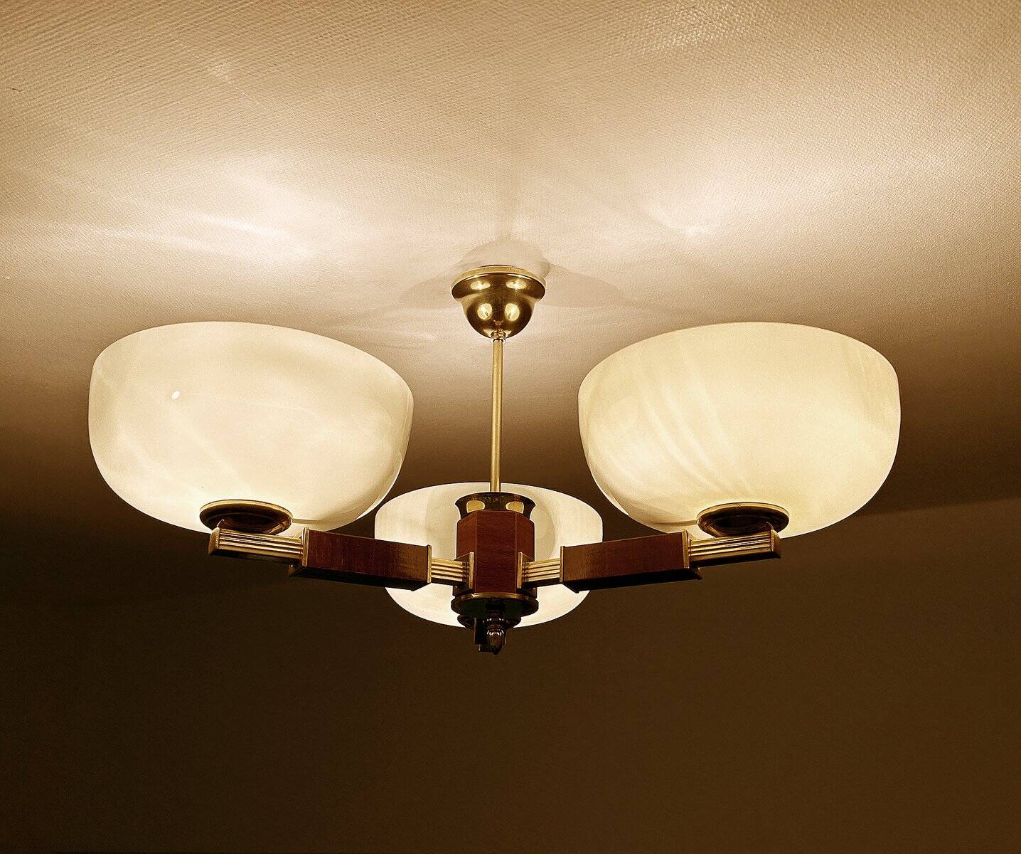 Large Art Deco pendant light in wood and glass, 1930s
