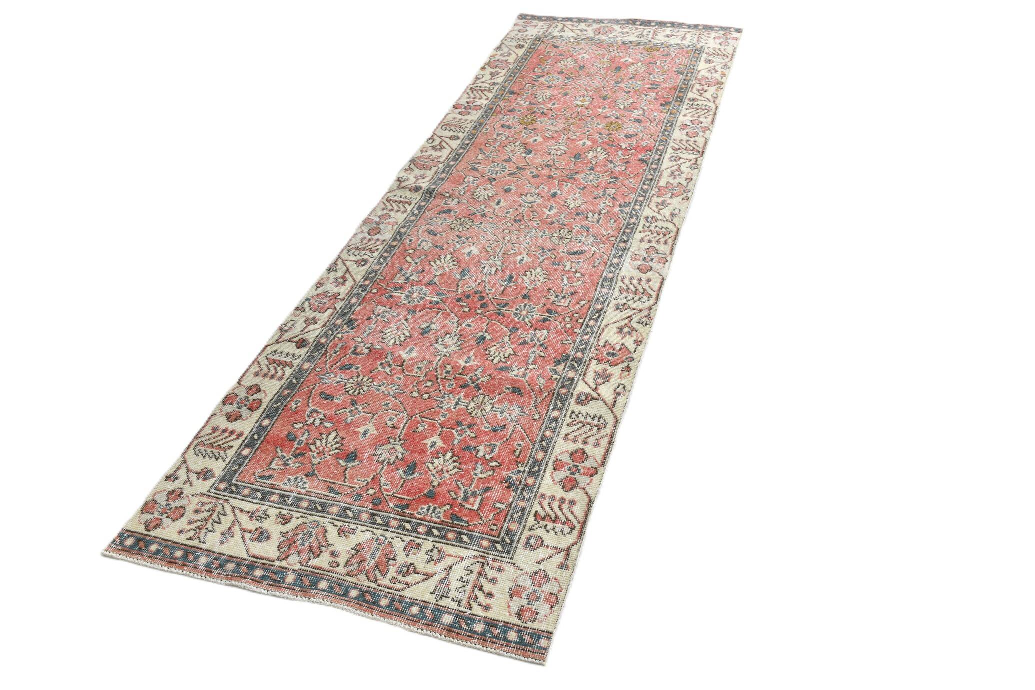 3x9 Vintage All-Over Floral Red Turkish Runner Rug, 92x286Cm