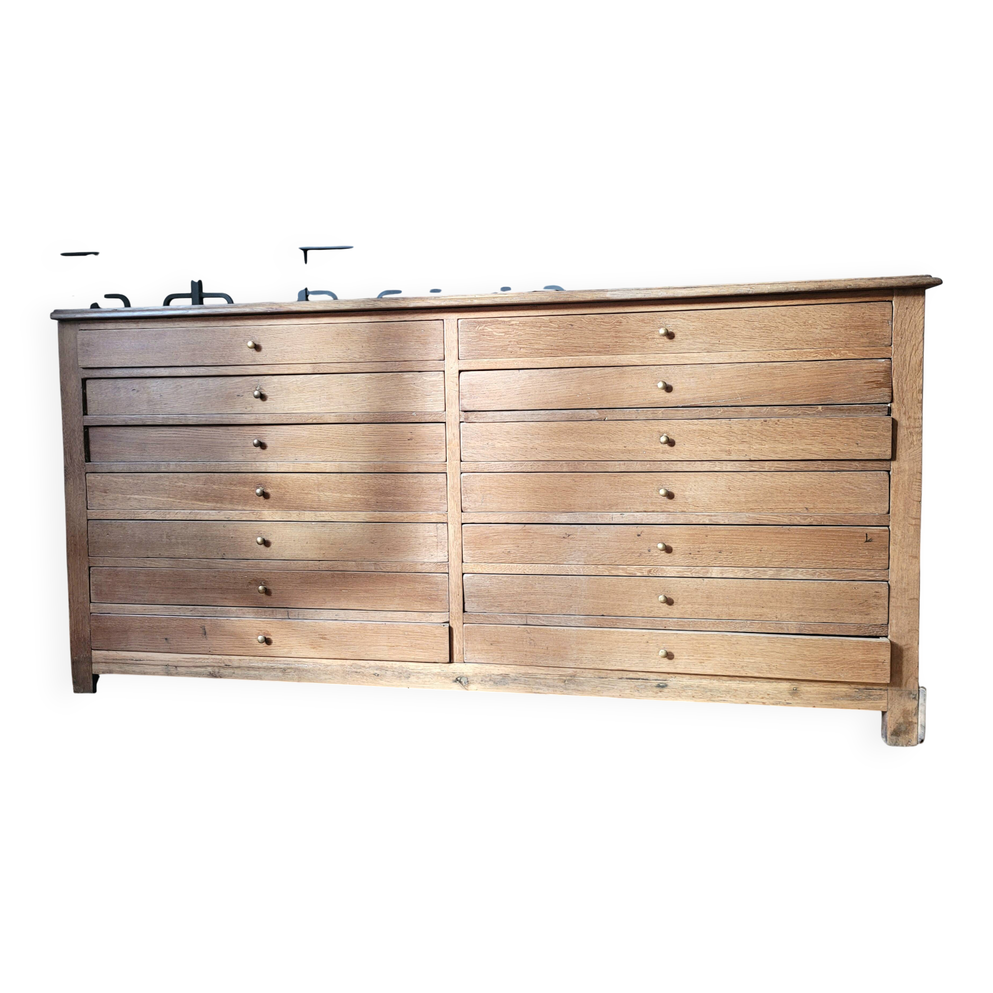 Antique workshop furniture in solid oak, 14 drawers