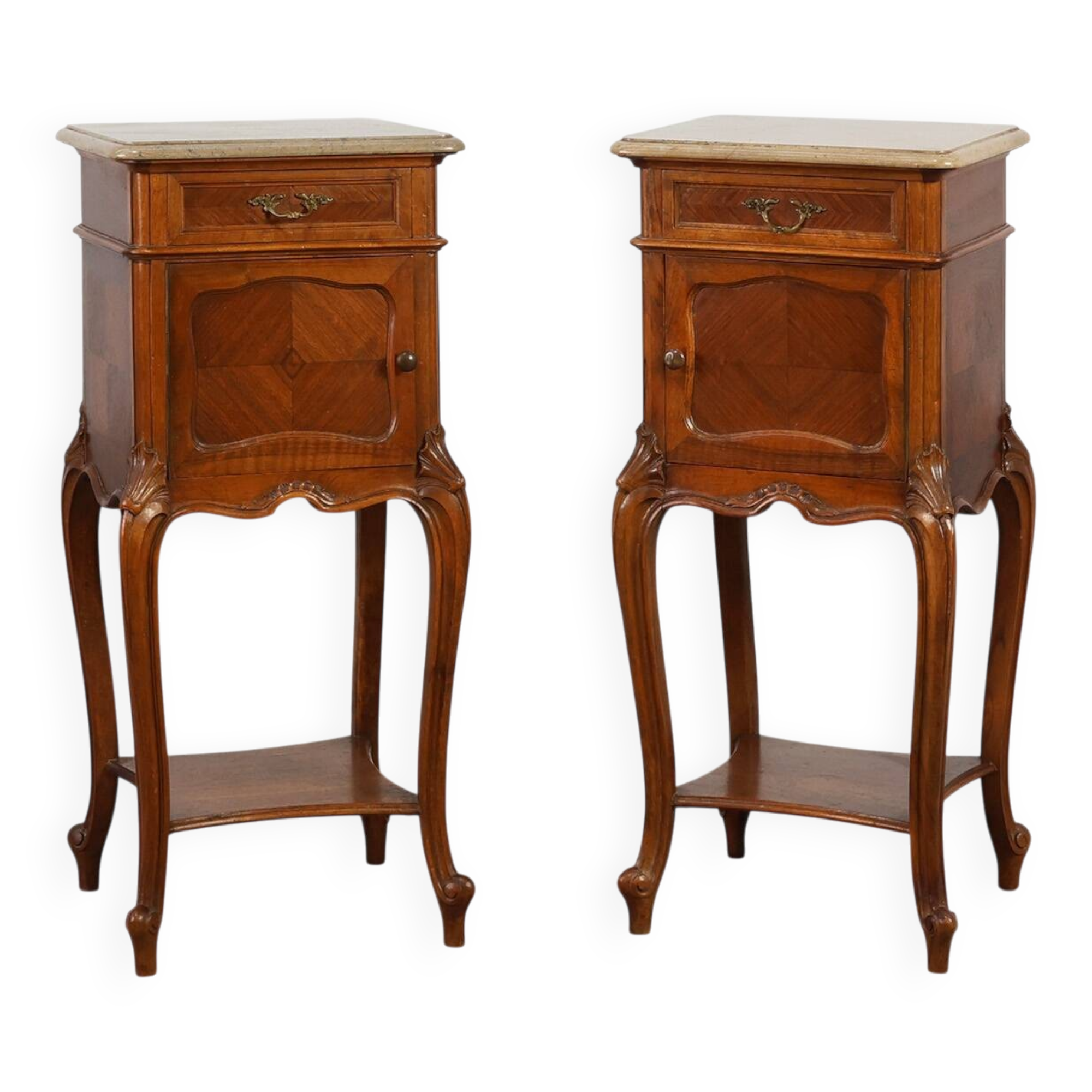 Pair Louis XV‑Style Nightstands with Marble Tops, France ca. 1900