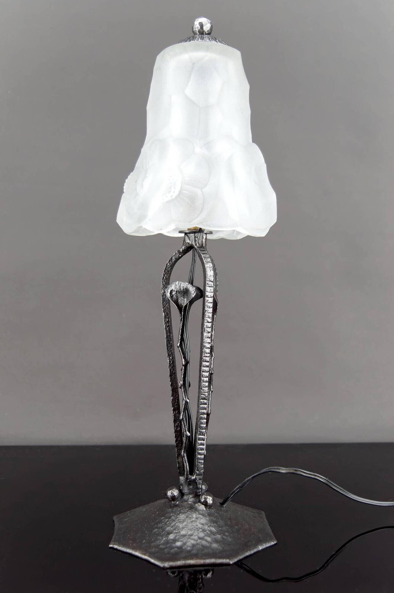Art Deco Wrought Iron Lamp, Floral Tulip signed Degué, France, c. 1930