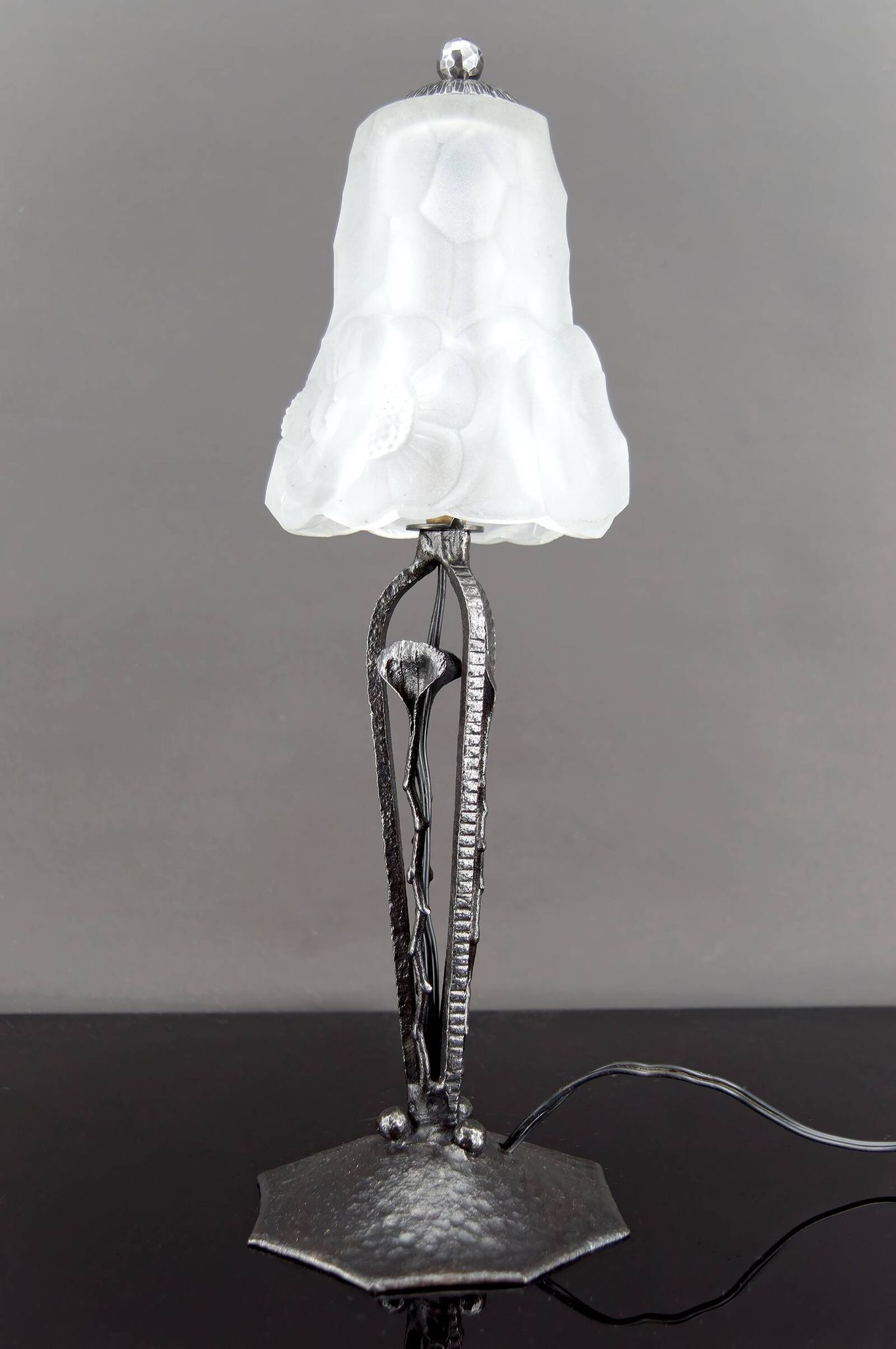 Art Deco Wrought Iron Lamp, Floral Tulip signed Degué, France, c. 1930