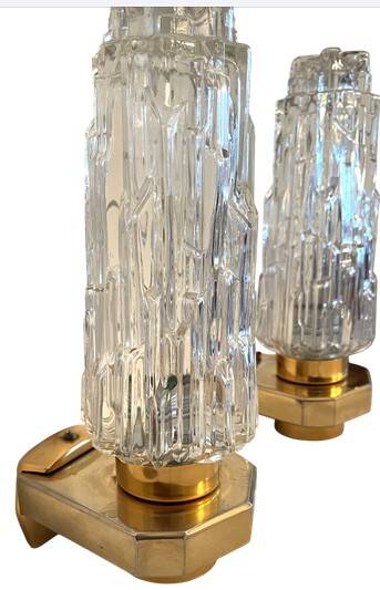 Pair of Art Deco wall sconces - moulded glass and brass
