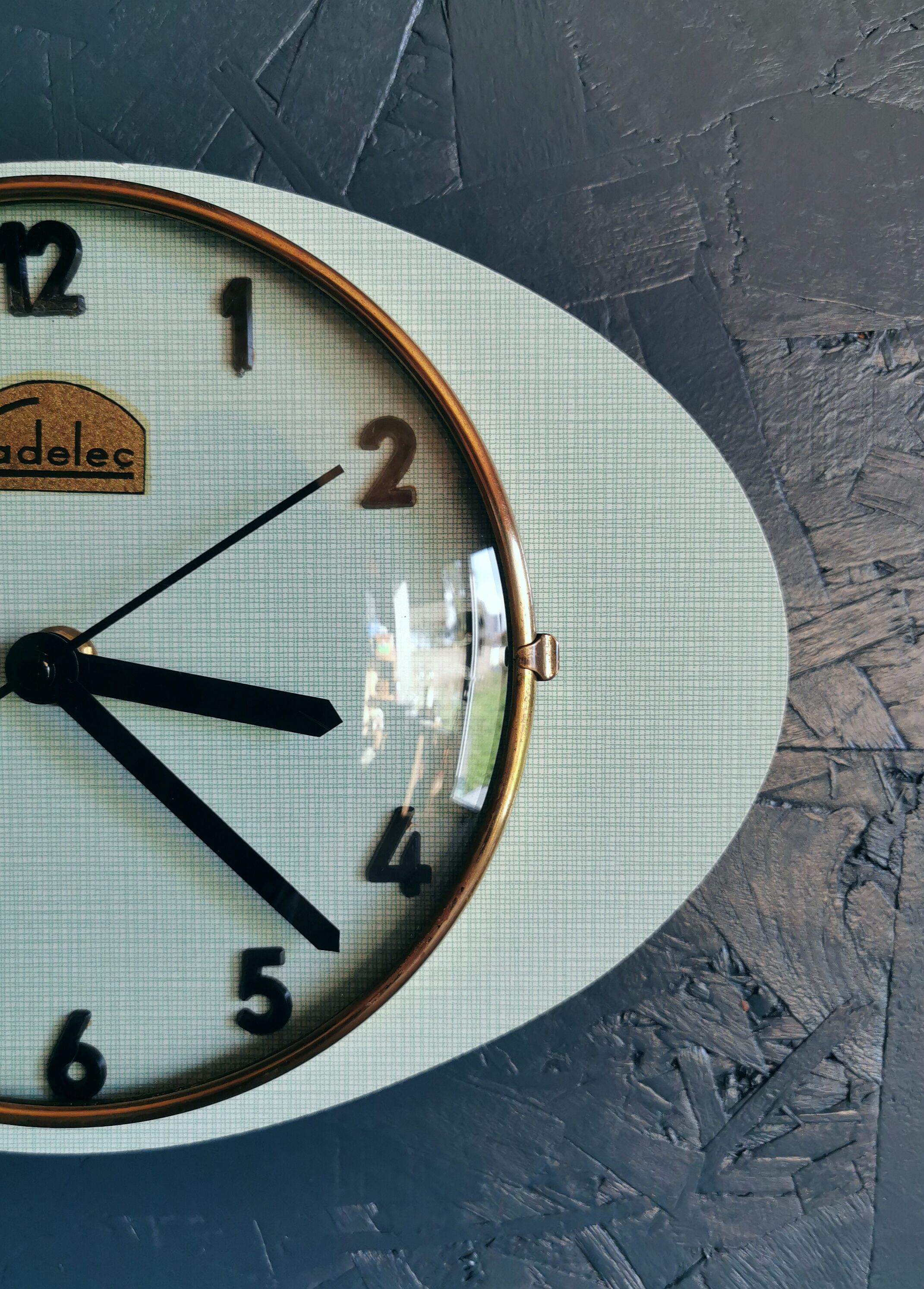 Vintage formica clock oval silent wall clock "Cadelec blue"