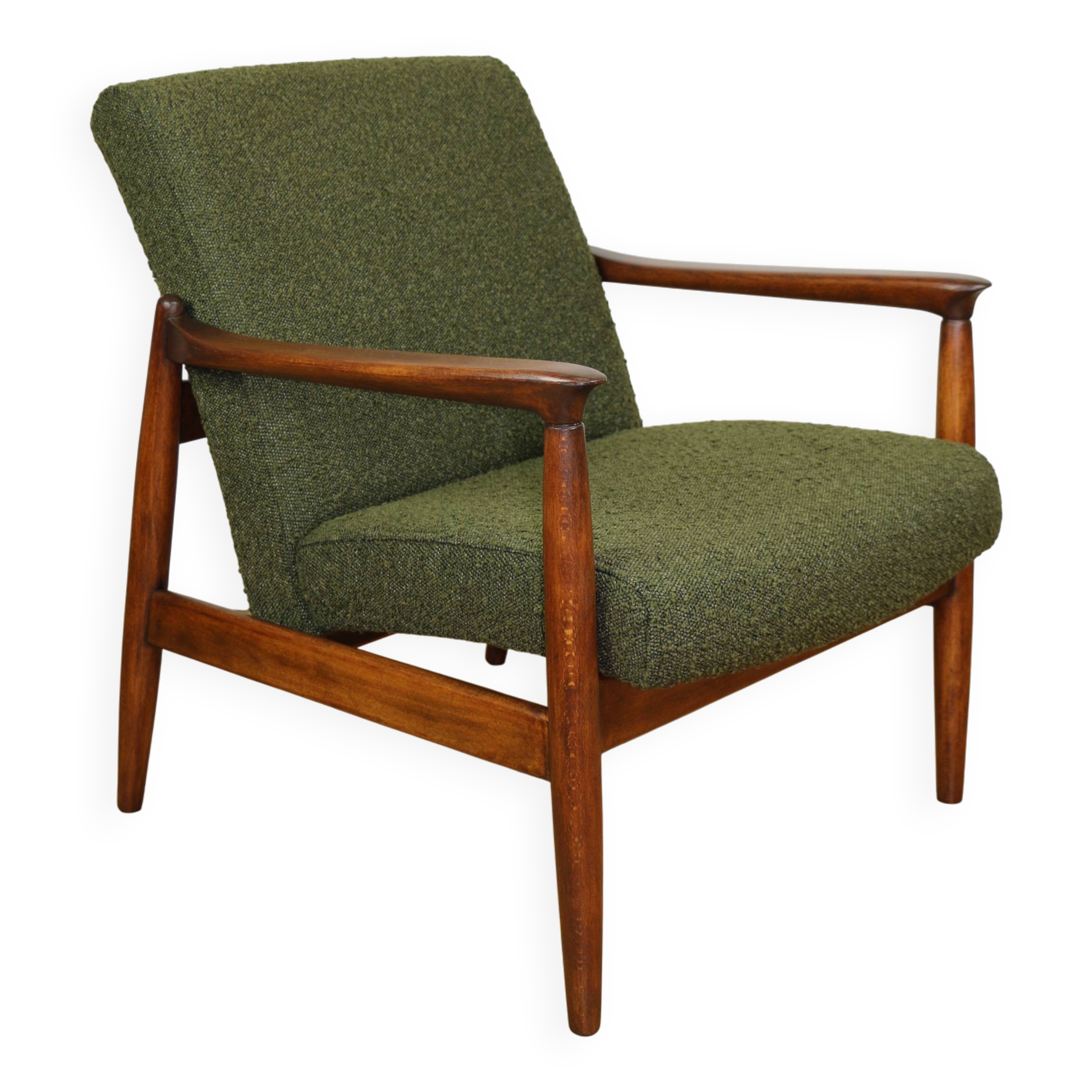 GFM-64 armchair, design by Edmund Homa from the 60s, olive green boucle - 2 pieces available