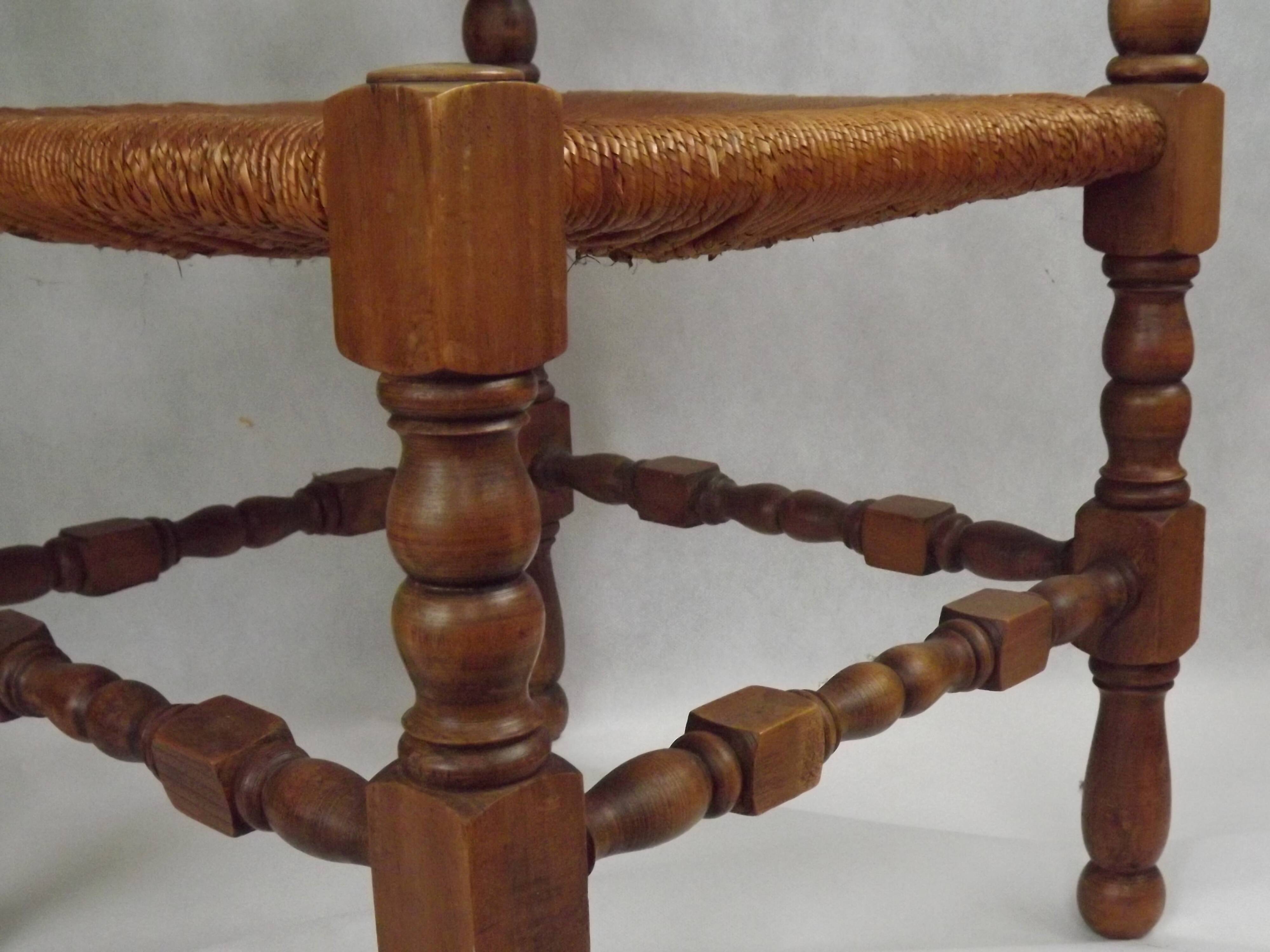 Antique French Turned Wooden Bobbin Chair with Rush Seat