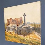 Huile sur carton 1930 représentant un calvaire breton et une chaumière