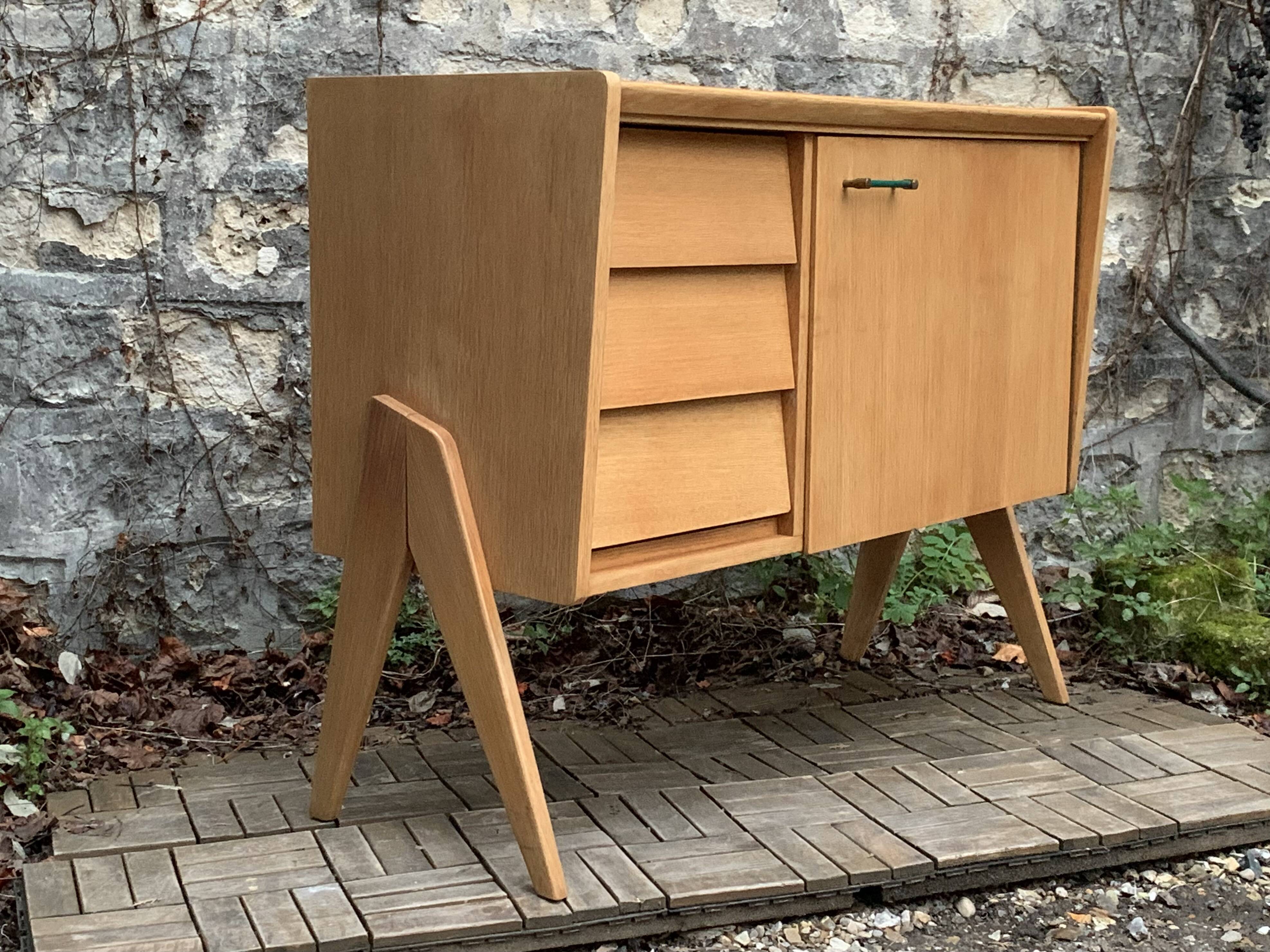 Vintage chest of drawers with compass legs, light oak, 1960s