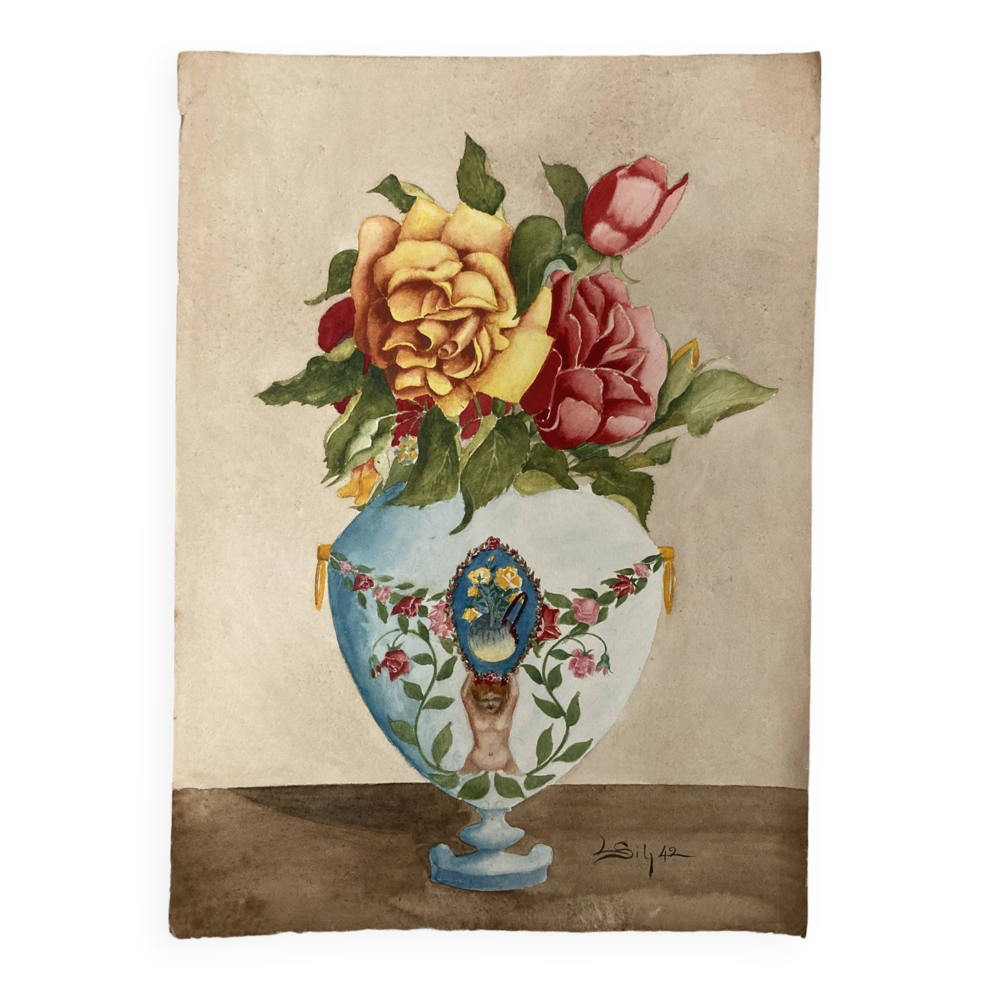 Vintage watercolor with roses in earthenware vase with angel