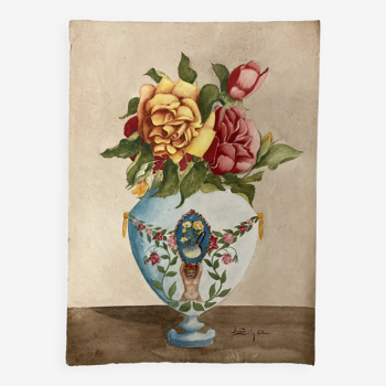 Vintage watercolor with roses in earthenware vase with angel