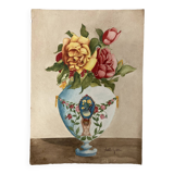Vintage watercolor with roses in earthenware vase with angel