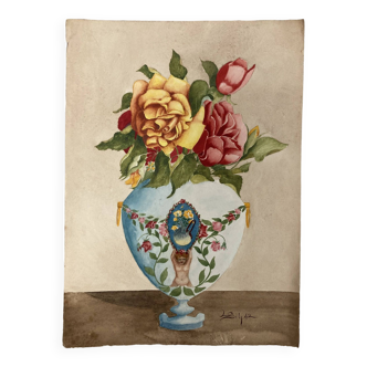 Vintage watercolor with roses in earthenware vase with angel