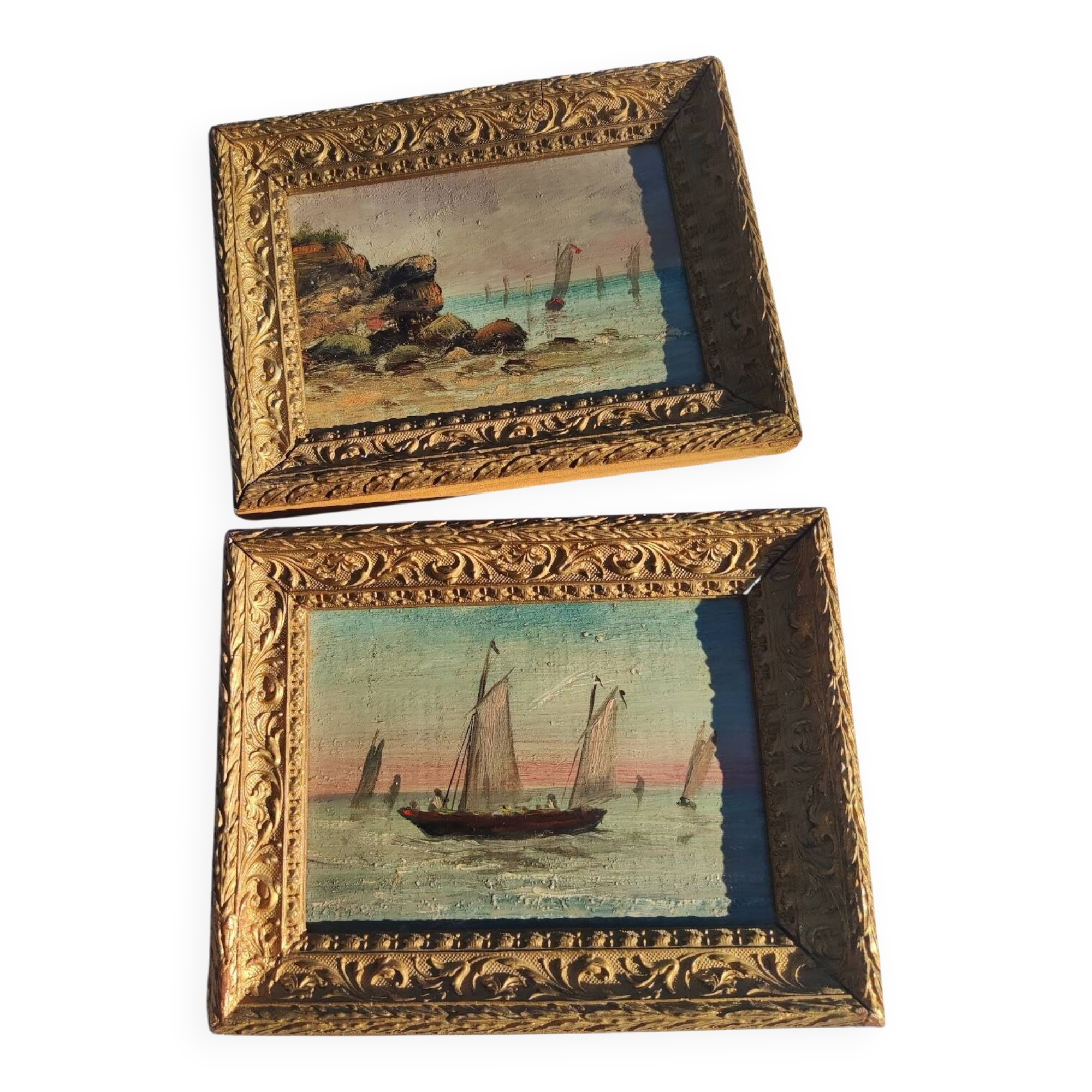 2 old paintings - oil on wood - theme: marine