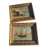 2 old paintings - oil on wood - theme: marine