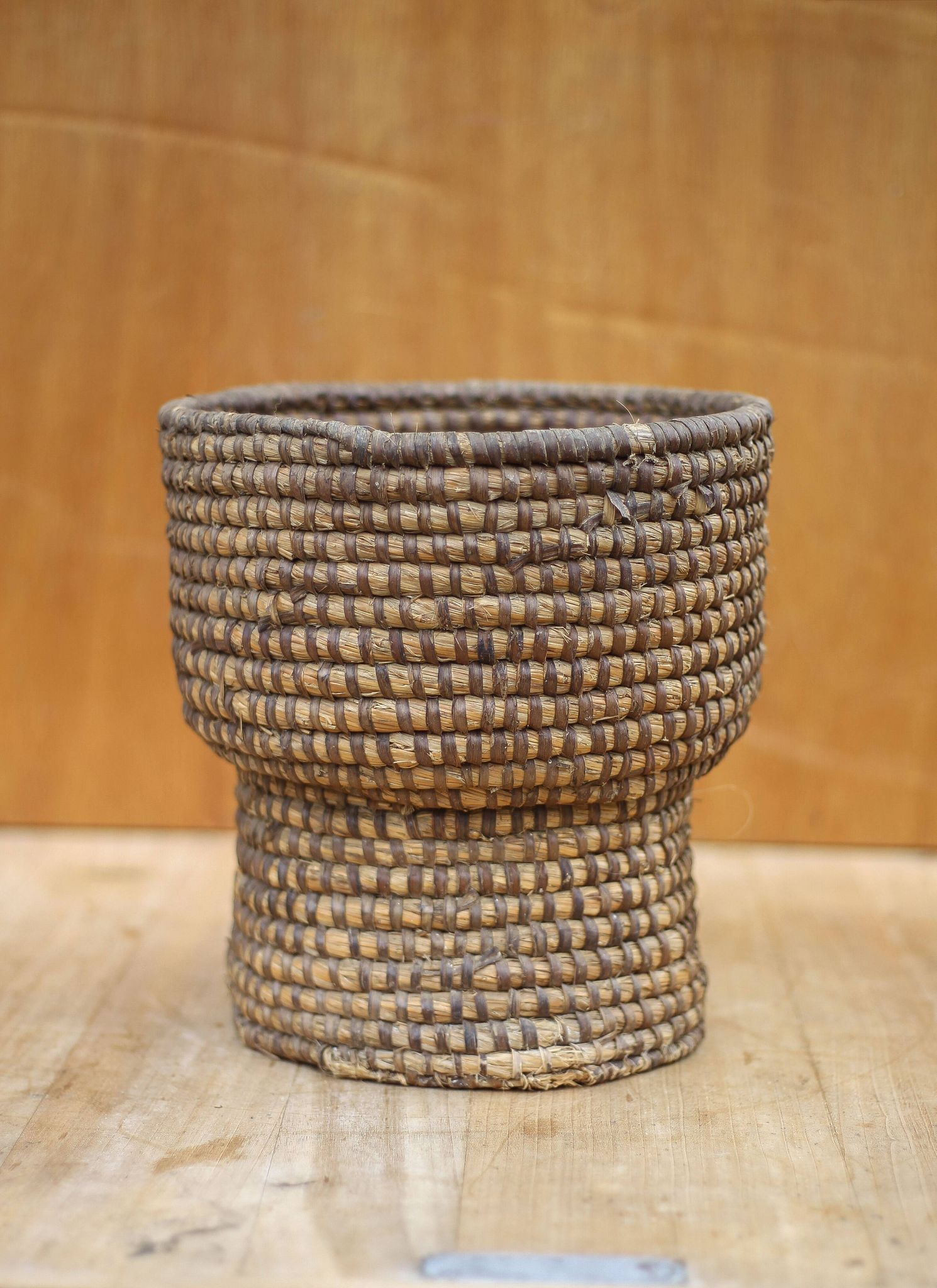 Old wicker bowl, straw and bramble burgundy, braided bowl, countryside, chalet