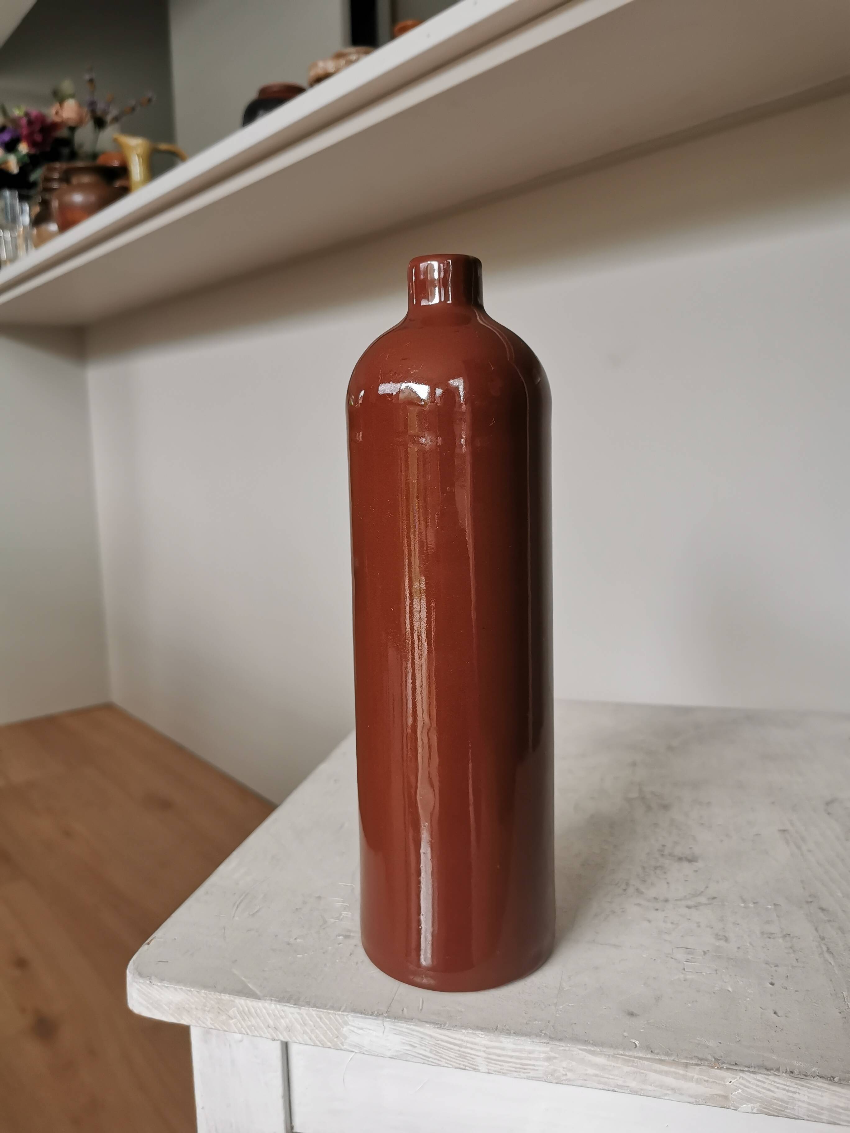 Vintage Brown Glazed Ceramic Vase: Tall Minimalist Bottle Form