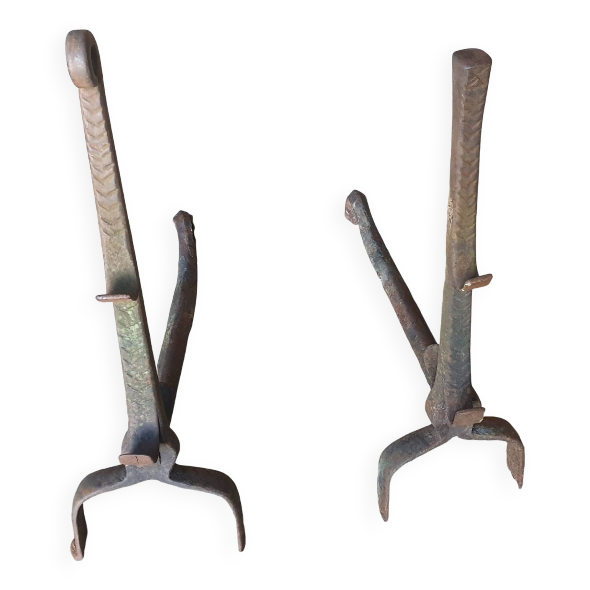 Pair of Twisted Wrought Iron Andirons, 19th Century