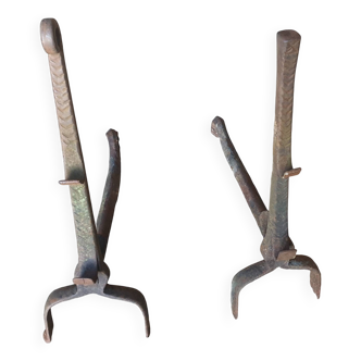 Pair of Twisted Wrought Iron Andirons, 19th Century