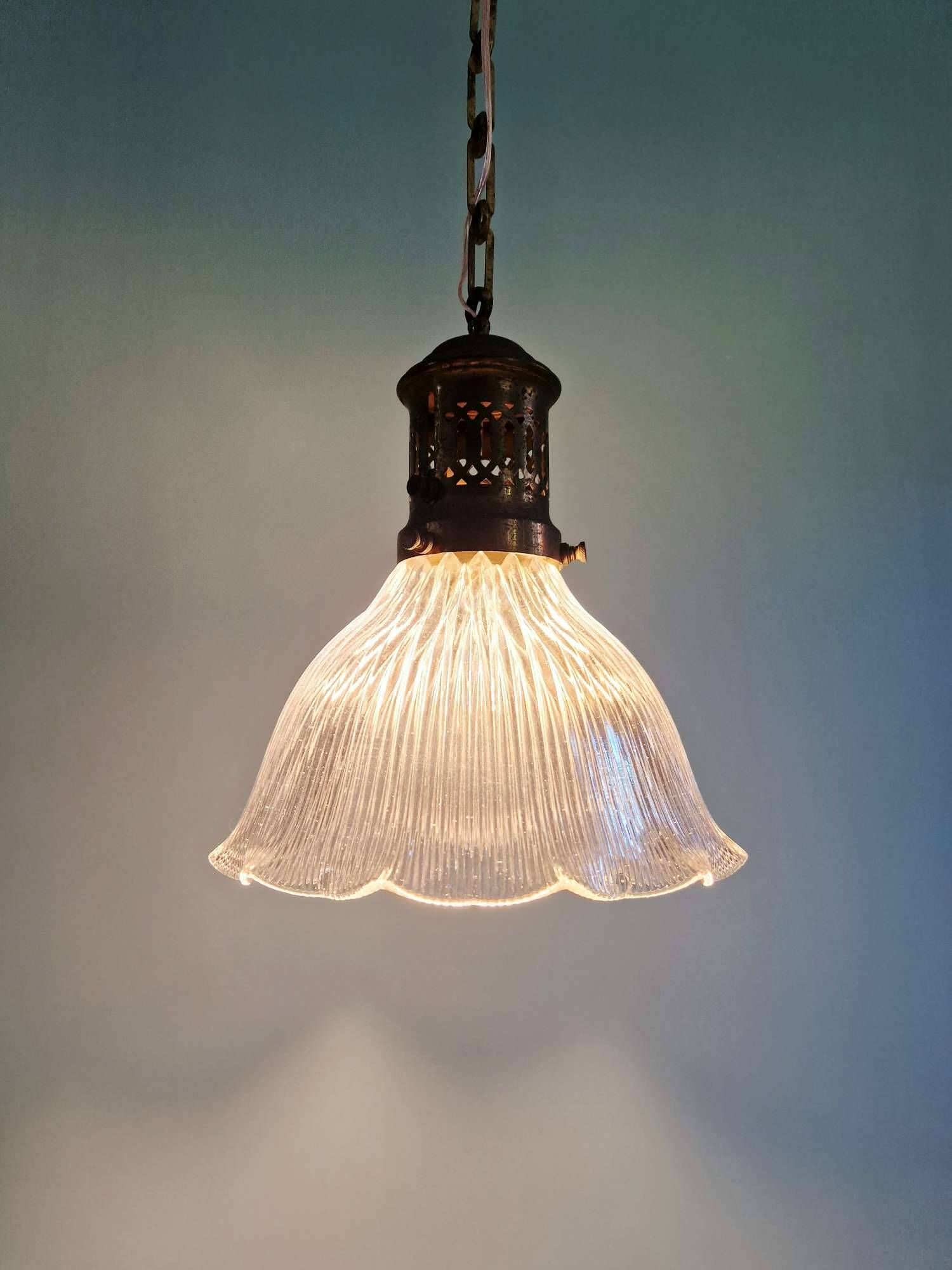 Large Holophane pendant light in clear ribbed glass, 1920-30.