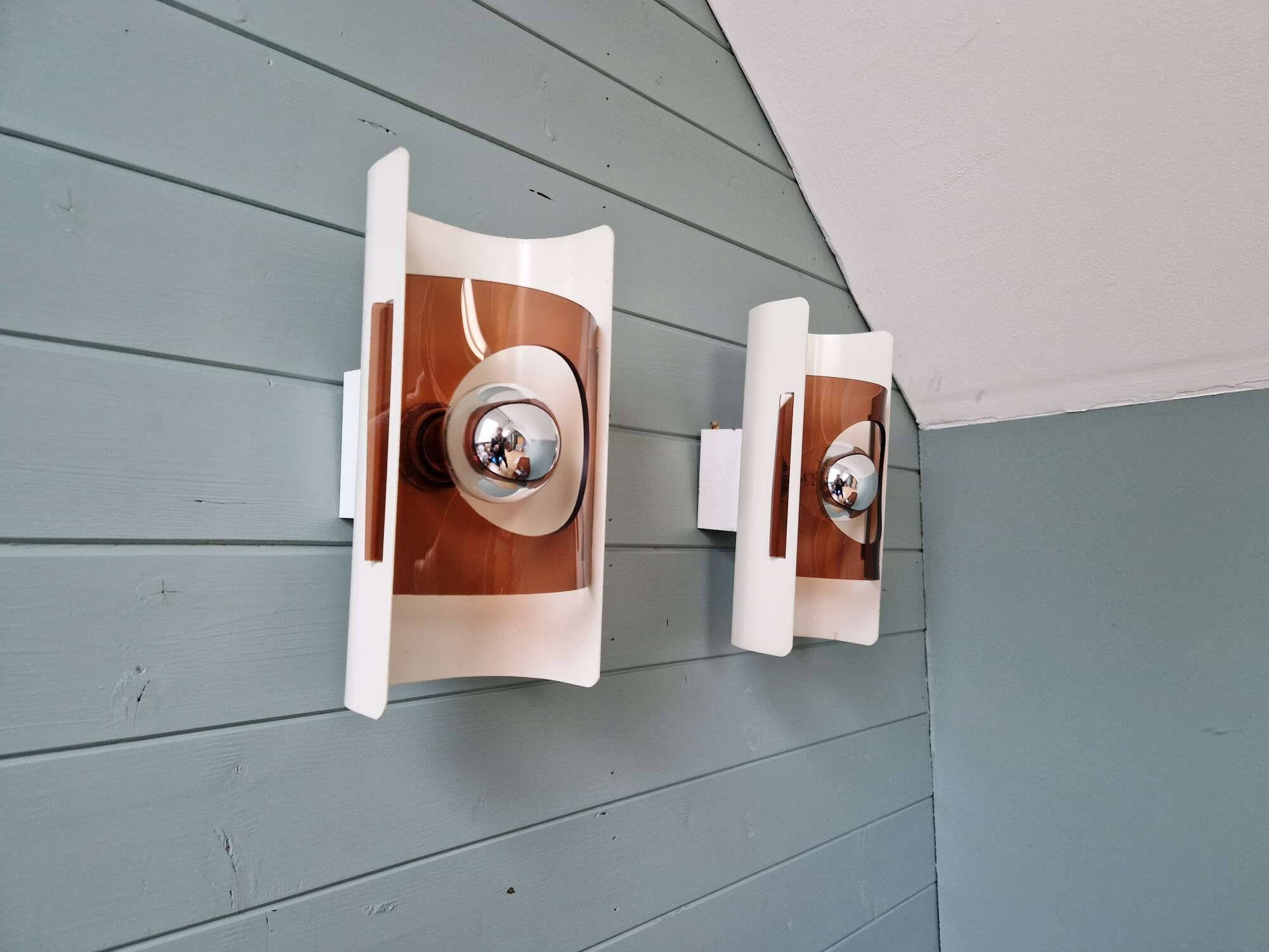 Pair of Space Age wall lights, white lacquered metal and smoked plexiglass