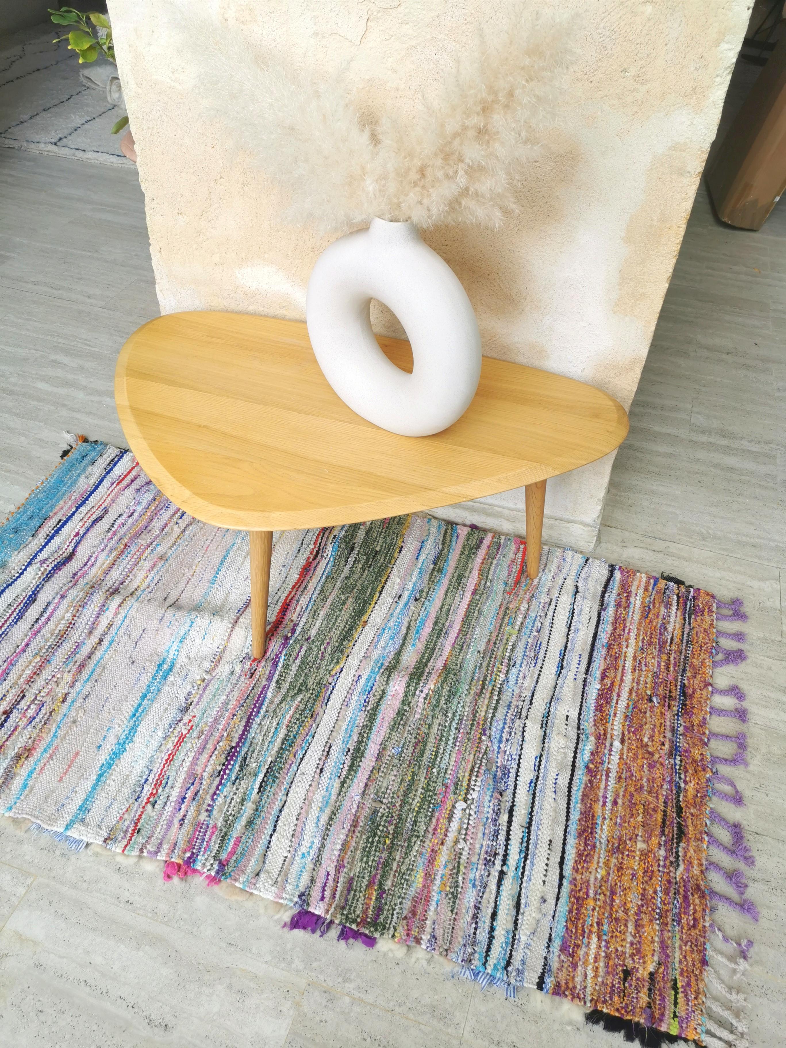 Small reversible colorful Boucherouite Moroccan rug